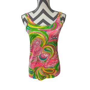 Lilly Pulitzer Shoreline Tank Top Medium Pink Colony Flamingo Print Cotton layer